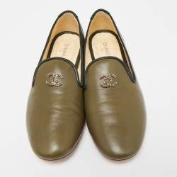 Chanel Green Leather CC Smoking Slippers Size 40