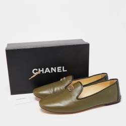 Chanel Green Leather CC Smoking Slippers Size 40