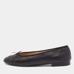 Chanel Black Leather Bow CC Cap Toe Ballet Flats Size 40