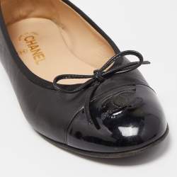 Chanel Black Leather Bow CC Cap Toe Ballet Flats Size 40