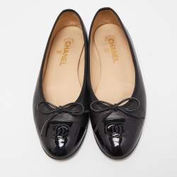 Chanel Black Leather Bow CC Cap Toe Ballet Flats Size 40