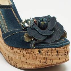 Chanel Navy Blue Denim Camellia Cork Wedge Platform Ankle Strap Sandals Size 41