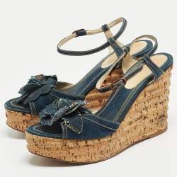 Chanel Navy Blue Denim Camellia Cork Wedge Platform Ankle Strap Sandals Size 41