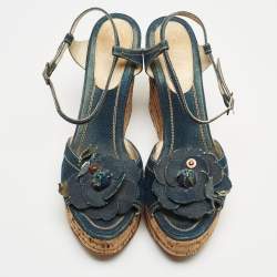 Chanel Navy Blue Denim Camellia Cork Wedge Platform Ankle Strap Sandals Size 41