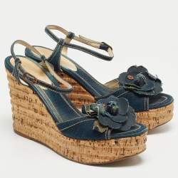 Chanel Navy Blue Denim Camellia Cork Wedge Platform Ankle Strap Sandals Size 41