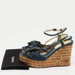 Chanel Navy Blue Denim Camellia Cork Wedge Platform Ankle Strap Sandals Size 41