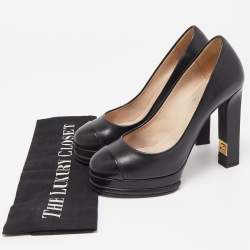 Pre Owned Chanel Black Leather CC Platform Pumps Size 36.5