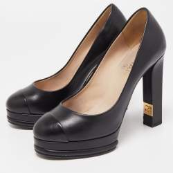 Pre Owned Chanel Black Leather CC Platform Pumps Size 36.5