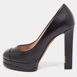 Pre Owned Chanel Black Leather CC Platform Pumps Size 36.5
