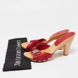 Chanel Red Suede CC Buckle Wooden Clogs Size 35