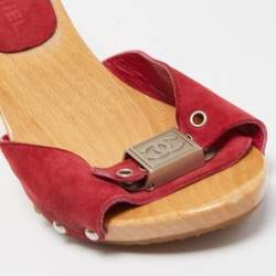Chanel Red Suede CC Buckle Wooden Clogs Size 35
