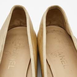 Pre Owned Chanel Gold Leather and Textured CC Cap Toe Bow Ballet Flats Size 37.5