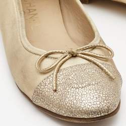 Pre Owned Chanel Gold Leather and Textured CC Cap Toe Bow Ballet Flats Size 37.5