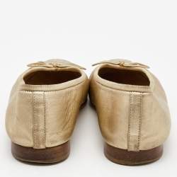 Pre Owned Chanel Gold Leather and Textured CC Cap Toe Bow Ballet Flats Size 37.5
