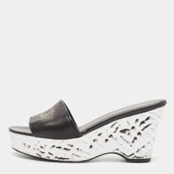 Chanel Black Leather Wedge Platform Slide Sandals Size 39