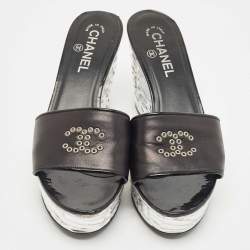 Chanel Black Leather Wedge Platform Slide Sandals Size 39