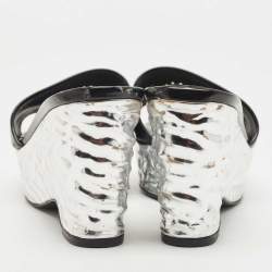 Chanel Black Leather Wedge Platform Slide Sandals Size 39