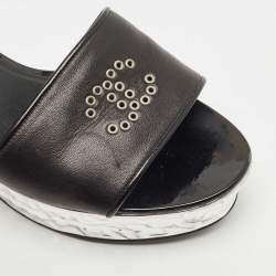 Chanel Black Leather Wedge Platform Slide Sandals Size 39