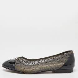 CHANEL grey LACE MESH and PATENT Ballet Flats Shoes 38.5 For Sale