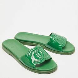 Chanel Green Patent Leather CC Flat Slides Size 40.5