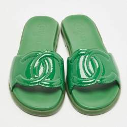 Chanel Green Patent Leather CC Flat Slides Size 40.5