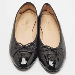 Chanel Black Patent and Leather CC Cap Toe Ballet Flats Size 39.5   