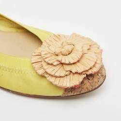 Chanel Green Leather and Cork Camellia Ballet Flats Size 41