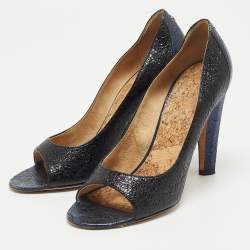 Pre Owned Chanel Black/Blue Crackled Leather Open Toe Pumps Size 37.5