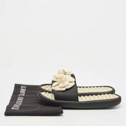 Chanel Black Rubber CC Camellia Flat Slides Size 36 