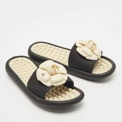 Chanel Black Rubber CC Camellia Flat Slides Size 36 