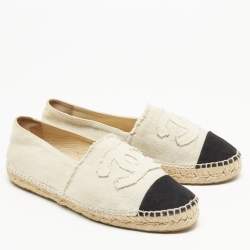 Pre Owned Chanel Cream Canvas CC Cap Toe Espadrille Flats Size 41