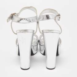 Chanel Silver Leather Platform Ankle Strap Sandals Size 40