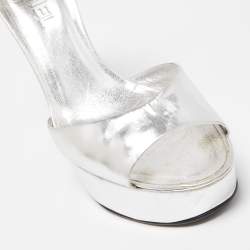 Chanel Silver Leather Platform Ankle Strap Sandals Size 40