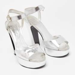 Chanel Silver Leather Platform Ankle Strap Sandals Size 40