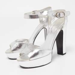 Chanel Silver Leather Platform Ankle Strap Sandals Size 40