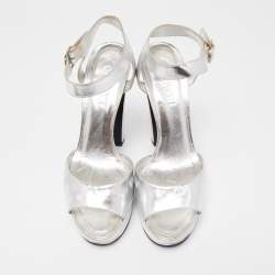Chanel Silver Leather Platform Ankle Strap Sandals Size 40