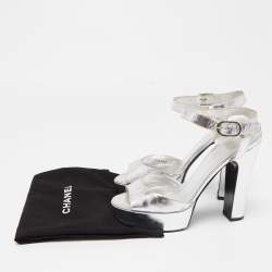 Chanel Silver Leather Platform Ankle Strap Sandals Size 40