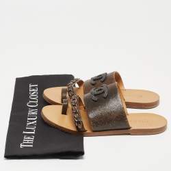 Chanel Brown Textured Leather Chain Link CC Toe Ring Slides Size 36