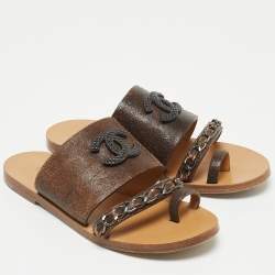 Chanel Brown Textured Leather Chain Link CC Toe Ring Slides Size 36