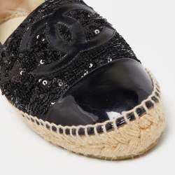 Pre Owned Chanel Black Sequins and Patent Leather CC Cap Toe Espadrille Flats Size 40