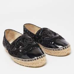 Pre Owned Chanel Black Sequins and Patent Leather CC Cap Toe Espadrille Flats Size 40