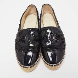 Pre Owned Chanel Black Sequins and Patent Leather CC Cap Toe Espadrille Flats Size 40
