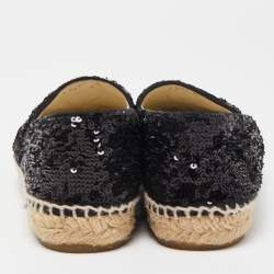 Pre Owned Chanel Black Sequins and Patent Leather CC Cap Toe Espadrille Flats Size 40