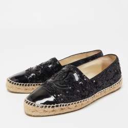Pre Owned Chanel Black Sequins and Patent Leather CC Cap Toe Espadrille Flats Size 40