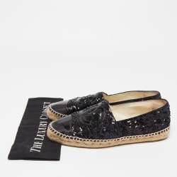 Pre Owned Chanel Black Sequins and Patent Leather CC Cap Toe Espadrille Flats Size 40