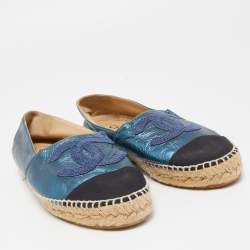 Chanel Blue/Black Leather and Canvas  CC Cap Toe Espadrille Flats Size 38