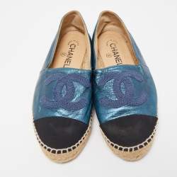 Chanel Blue/Black Leather and Canvas  CC Cap Toe Espadrille Flats Size 38