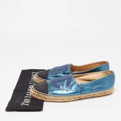 Chanel Blue/Black Leather and Canvas  CC Cap Toe Espadrille Flats Size 38