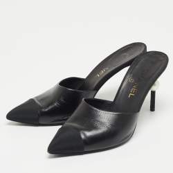Chanel Black Canvas and Leather CC Logo Mules Size 38.5