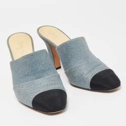 Chanel Blue/Black Denim CC Cap Toe Mules Size 38.5